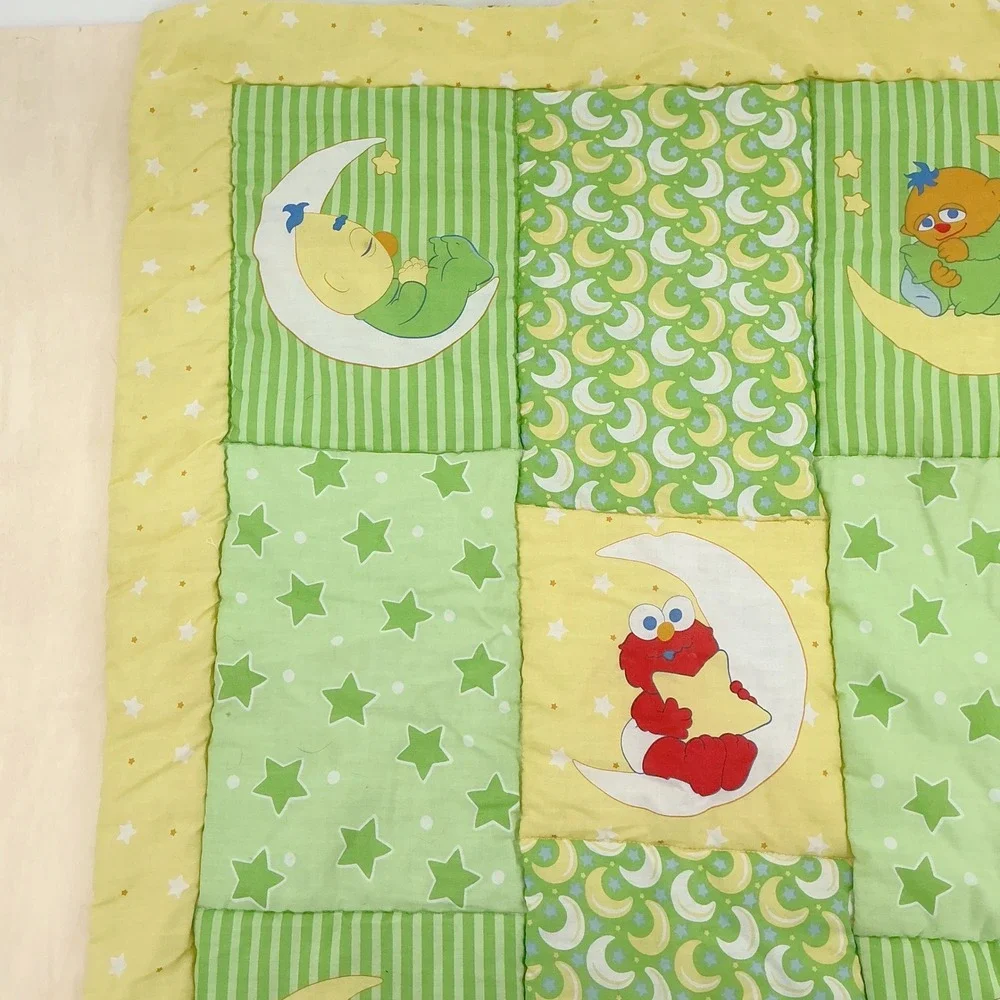 Vintage 90s Sesame Street Baby Quilt Toddler Green Yellow Elmo Big Bird 32